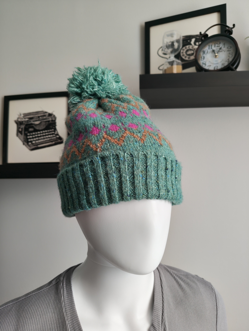 Kids Pom-Pom Beanie Hat in Teal with Pink Accents